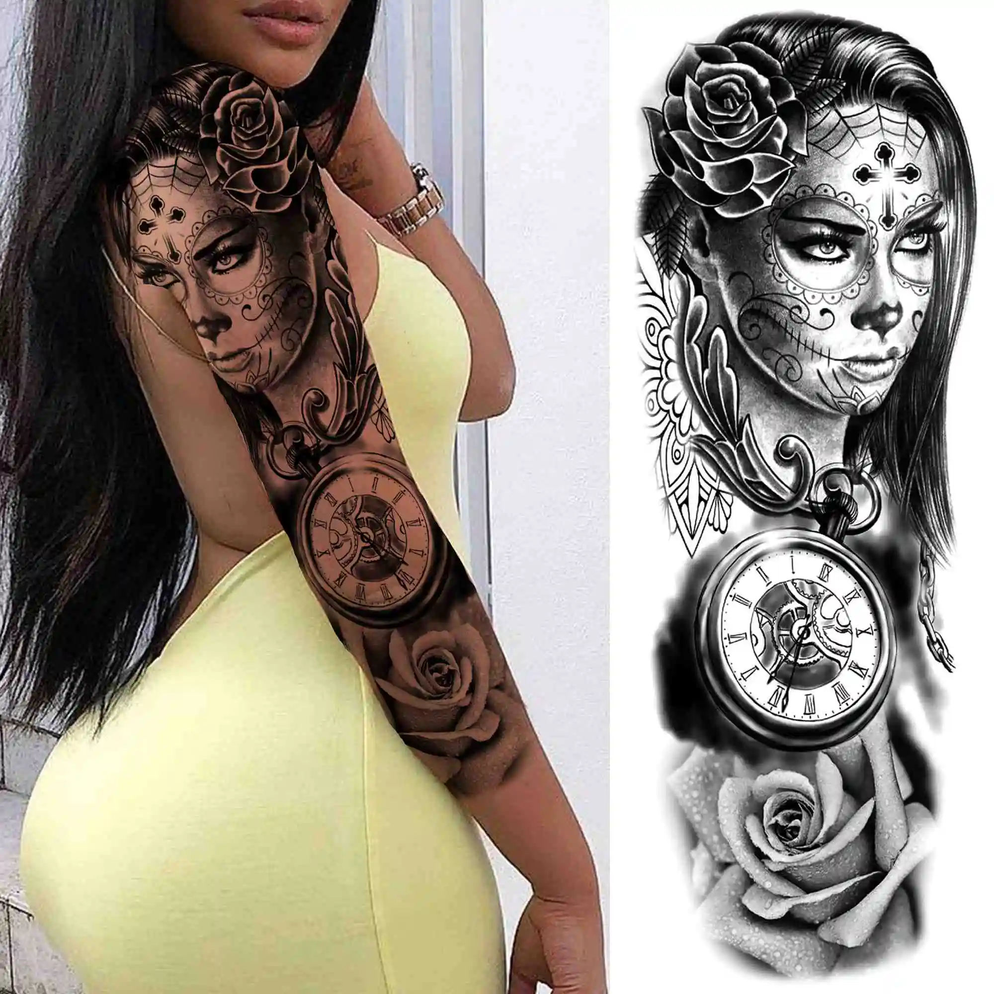 Sexy Girl Flower Temporary Tattoos For Women Men Black Lion Triangle Tattoo Sticker Fake Tribal Full Arm Sleeve Tatoos Paste