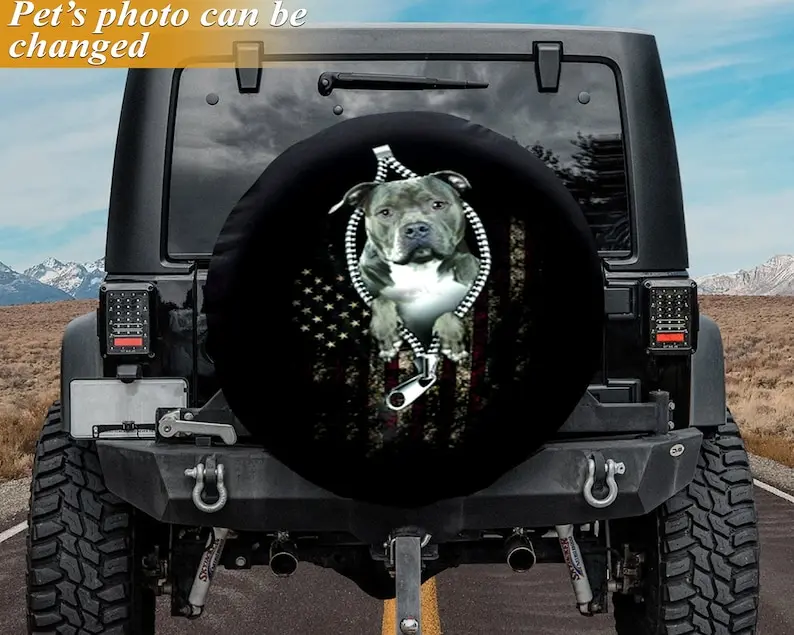 

Personalized your photo Dog Spare Tire COVER CAR, Pitbull sticking his head out of the zipper Spare Tire COVER CAR, Backup