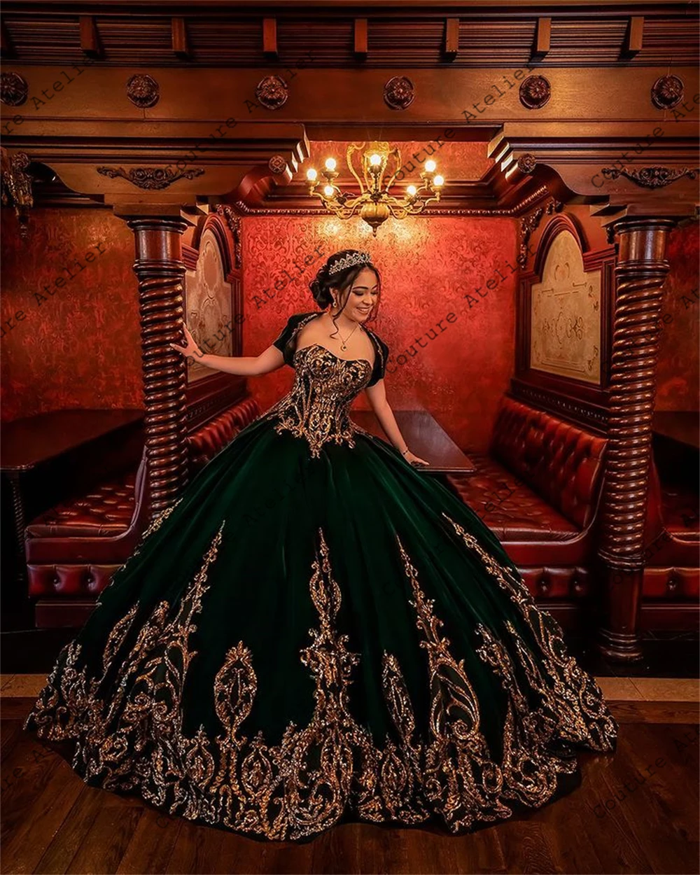 Dark Green Velvet Gold Sequin Applique Ball Gown Quinceanera Dresses Three Quarter Sleeves Sweet 15 16 Dress Corset vestidos