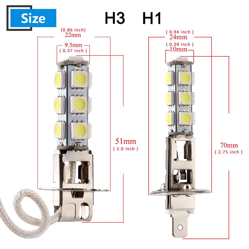 2pcs H1 H3 5050 13 SMD DC12V LED 160LM 6500K-8000K Car Headlights Fog Lamps Auto Bulbs Lamp Fog Lights White Bulbs Car Styling