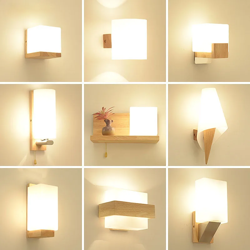 Modern Wooden Wall Lights Bedroom Bedside Wall Lamps Wall Sconce  for Home Living Room Kitchen Balcony Decor Glass Art Fixtures