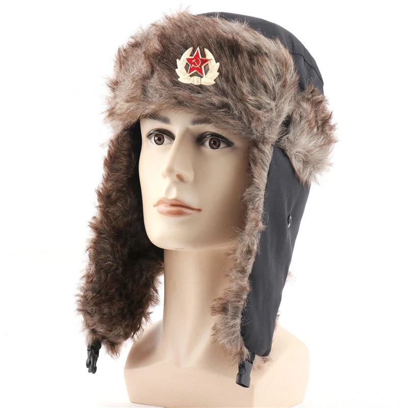 CAMOLAND Military Army Soviet Badge Winter Bomber Hat Women Men Russian Ushanka Hat Faux Fur Earflap Caps Waterproof Snow Cap