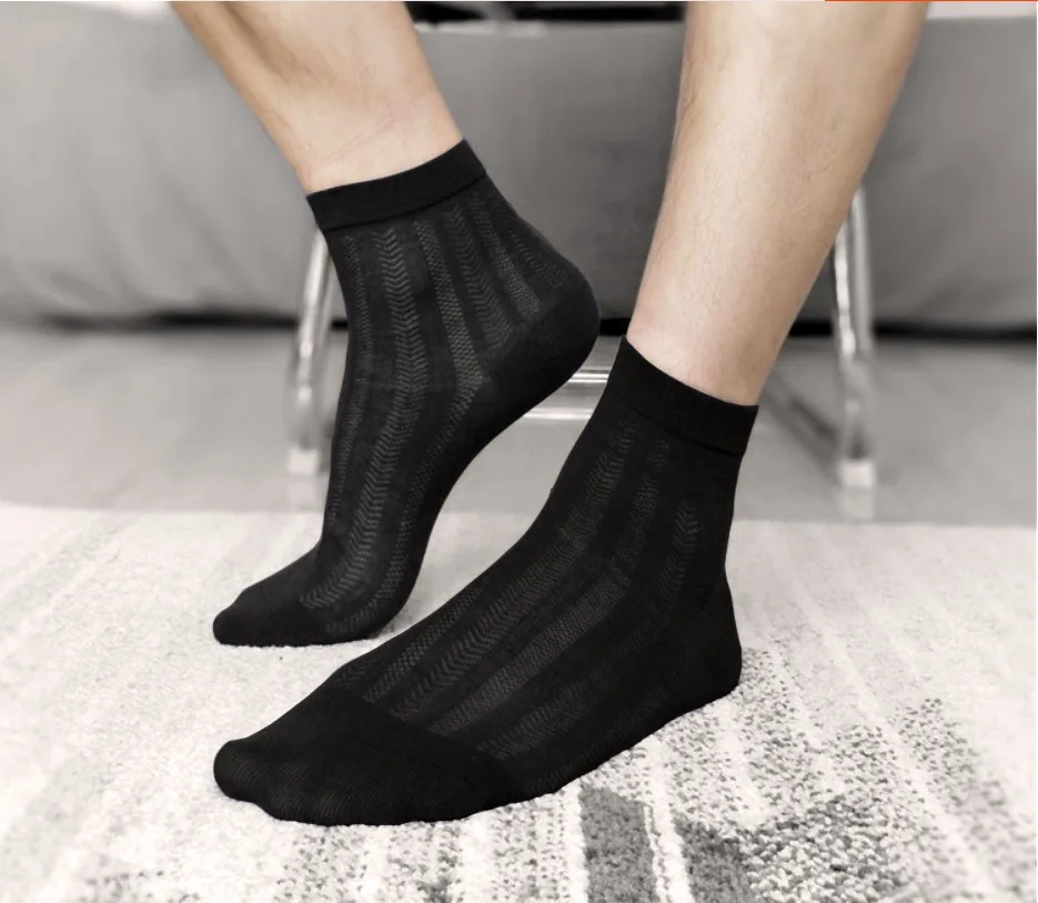 Men's Transparent Mesh Short Ankle Socks Soft Nylon Business Men Tube Ultra-thin Silky Socks Navy Black Male Sheer Striped Sock