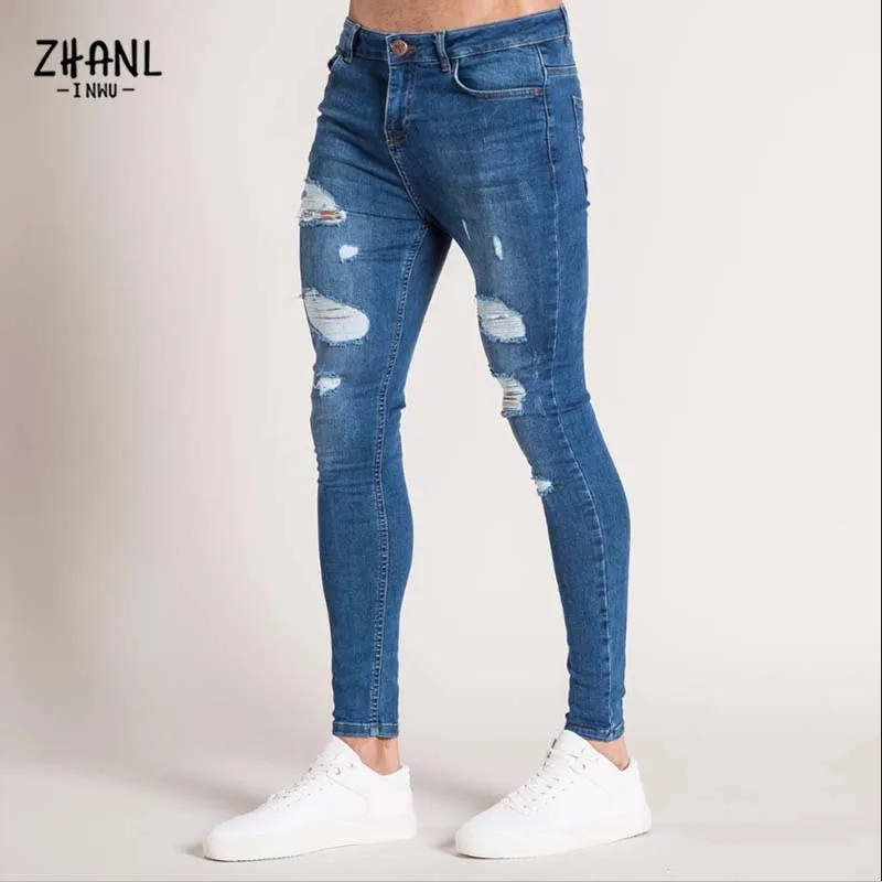 Cyber Y2k Elastic Waist Skinny Pants Men White Jeans Man Stretch Ripped Jeans Streetwear Mens Denim Trousers Jeans Male Clothing