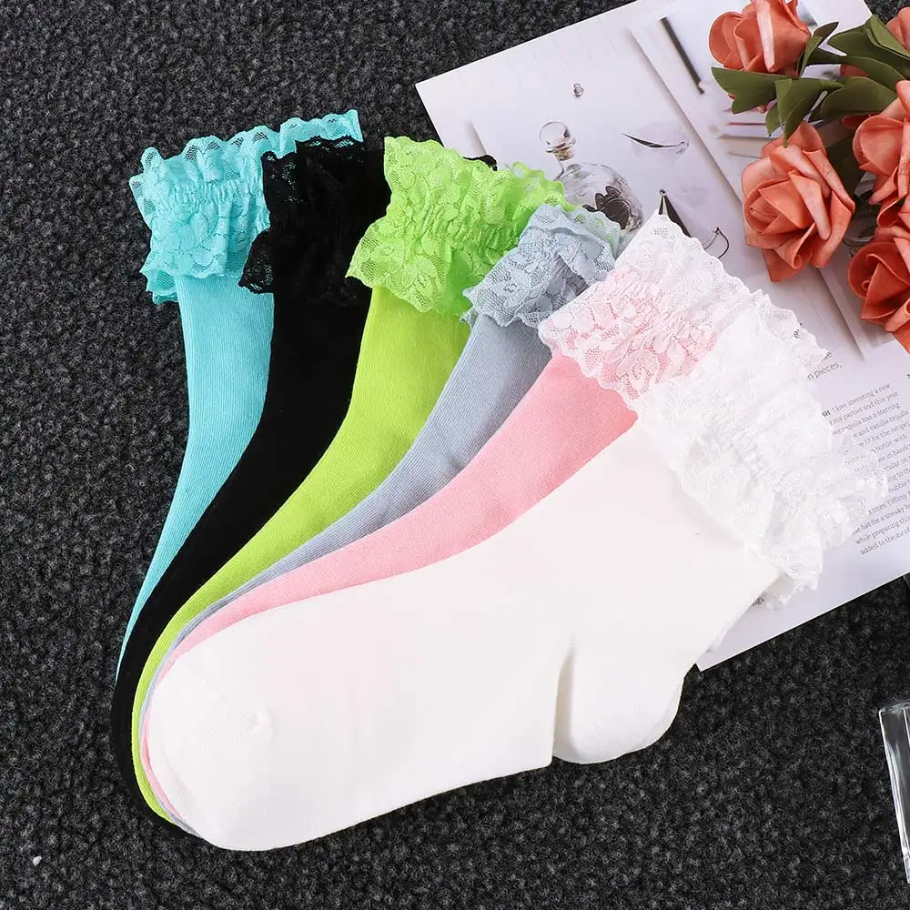 Fashion Women Vintage  Lace Ruffle Frilly Ankle Socks Ladies Princess Girl Soild Color Cotton Socks 6 Color Available Harajuku