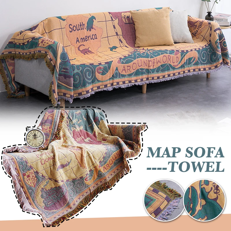 130x180cm  World Map  Cotton Throw Rug Couch Lounge Chair Blanket Sofa Multi-function For Decorative Piano Cover  Tassel Carpet