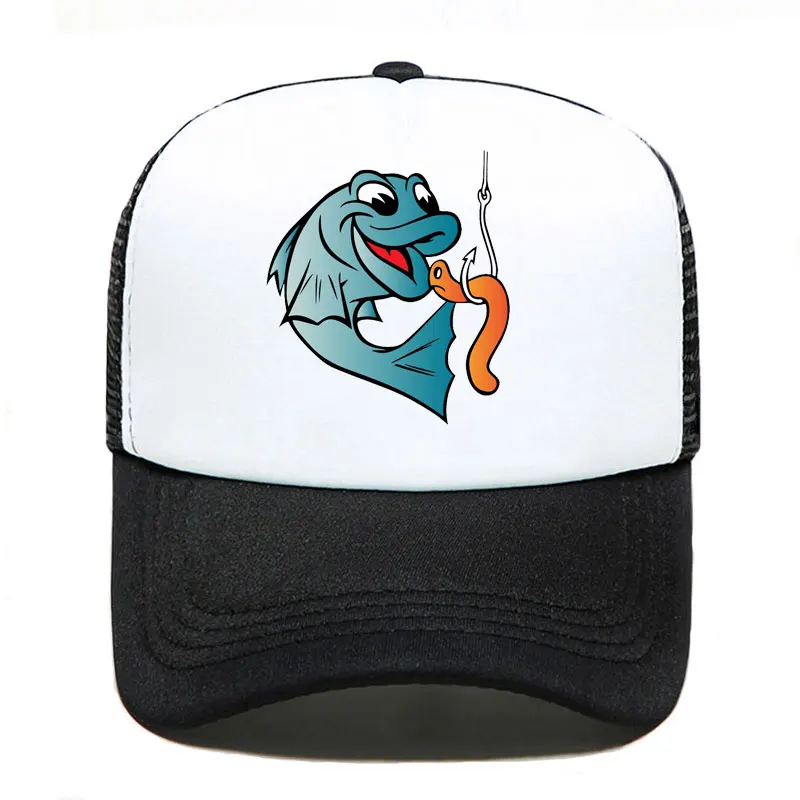 Fisherman Fish Fishing Worm Bite Hook Funny Baseball Cap Men Women Parent-child Hats Mesh Visor Outdoor Adjustable Sun Hat