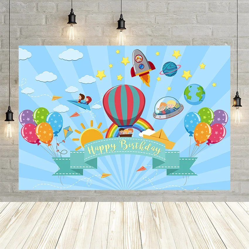 

Mehofond Baby Happy Birthday Banner Backdrop Blue Sky Space Travel Rainbow Clouds Hot Air Balloon Photography Background Decor