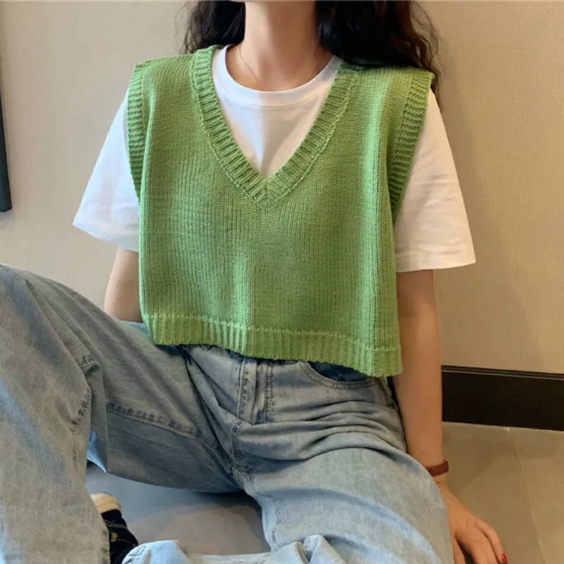 Sweater Vest Women Hot Sale Fashion Simple Solid Spring Fall Ladies Cropped Sweaters All-match Korean College Female Knitwear