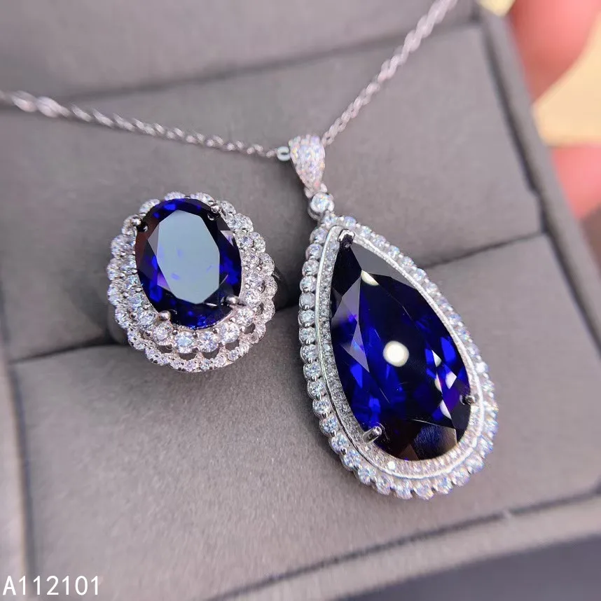 

KJJEAXCMY Fine Jewelry 925 sterling silver inlaid natural sapphire girl fashion necklace pendant ring set support test with box