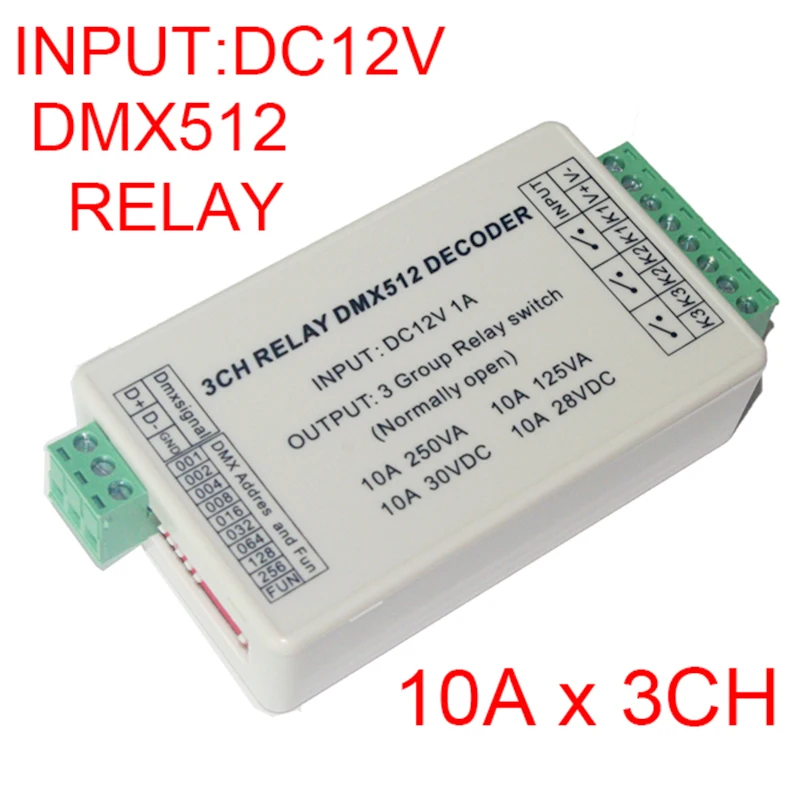 Imagem -02 - Controlador de Led para Relé Dmx512 3ch Canais Dmx 512 Saída de Relé Decodificador Interruptor Dc12v 10a 3ch Dimmer