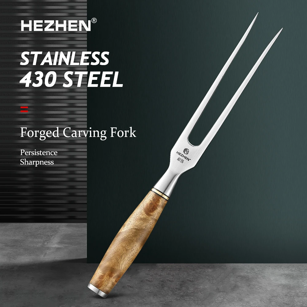 HEZHEN  Master Series Carving Fork 430 Stainless Steel Figured Sycamore Wood Handle Tableware Steak Knife and Fork Meat Forks