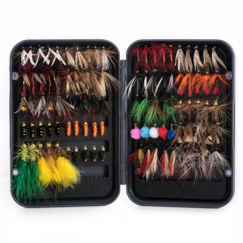 Goture 100pcs Fly Fishing Lure Kit Dry Wet Flies Nymph Streamers Set Trout Pike Baits With Retail Lures Box