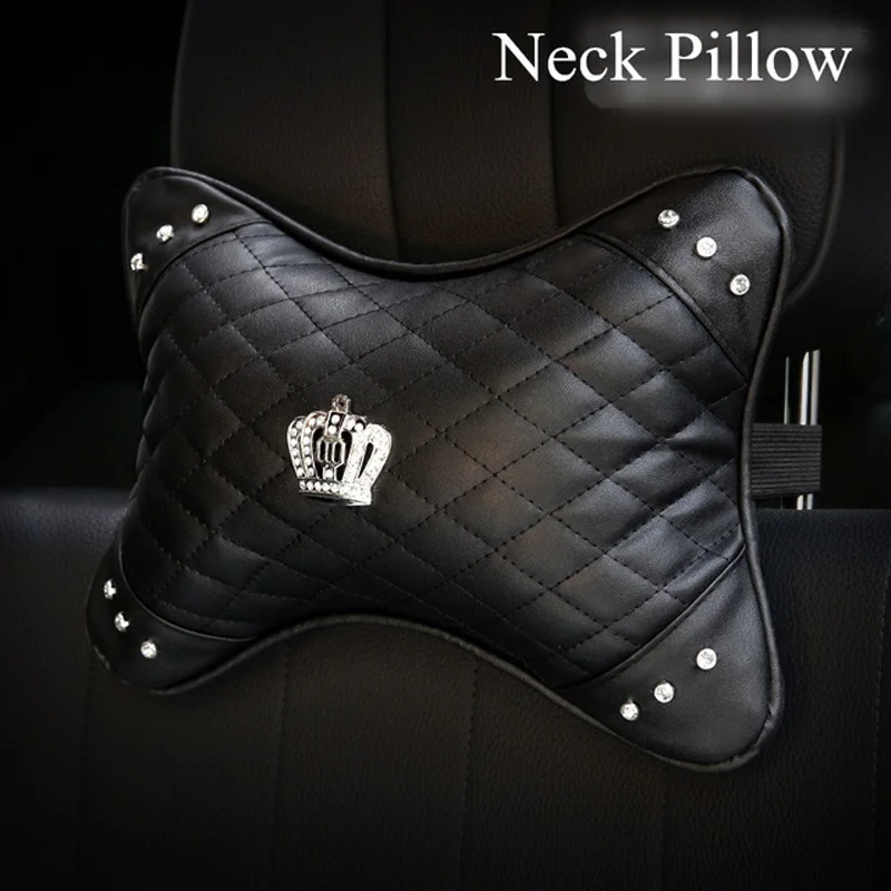 Universal PU Leather Car Pillows Diamond Rhinestone Auto Interior Neck Headrest Seat Support Waist Pillow Car Accessories