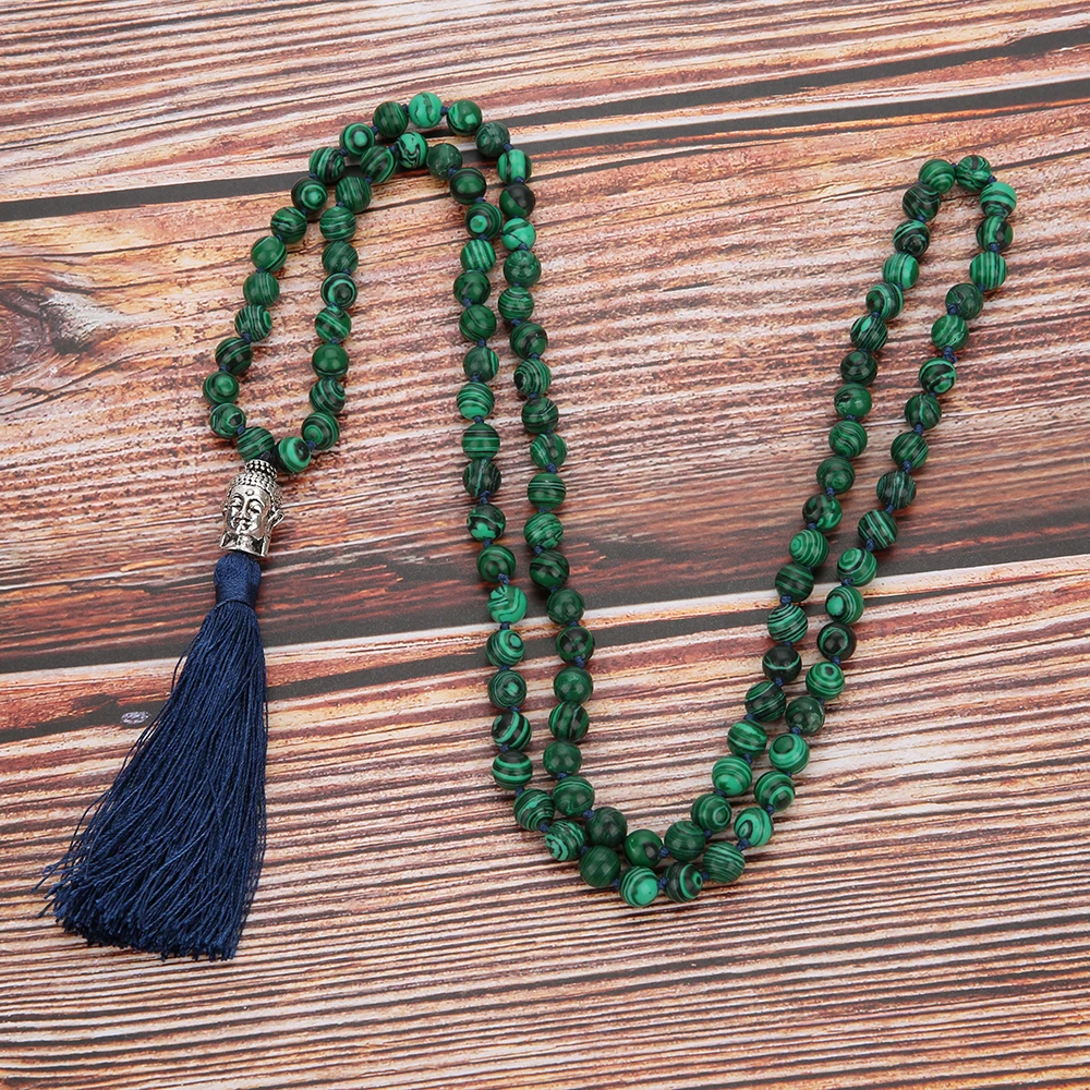 6/8mm collana annodata con perline di Malachite meditazione Yoga benedizione tibetano Buddha testa gioielli 108 ciondolo nappa rosario Japa Mala