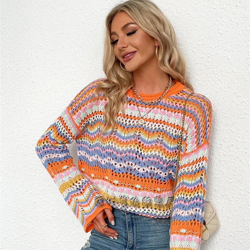 

Sweaters Women Rainbow Stripe Mesh O-Neck Long Sleeve Top Sweater Femme Tops for 2021 Fall and Winter Clothes Women