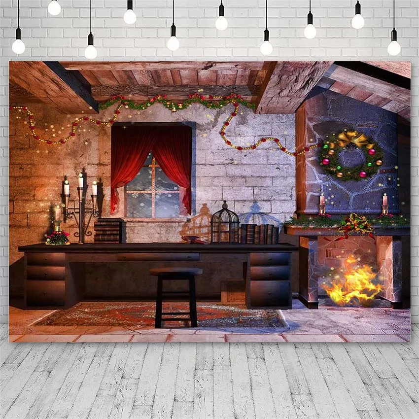 Avezano Backdrops Merry Christmas Winter Light Fireplace Candle Wreath Decoration Banners Photographic Background Photo Studio