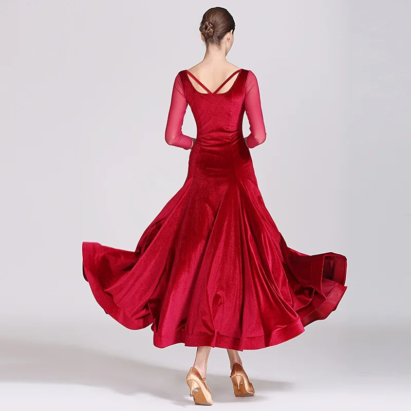 Velvet Splicing Long Dress Fringe Ballroom Dress For Big Dance Standard Women Tango Dress Rumba Dance Costumes Dance Wear