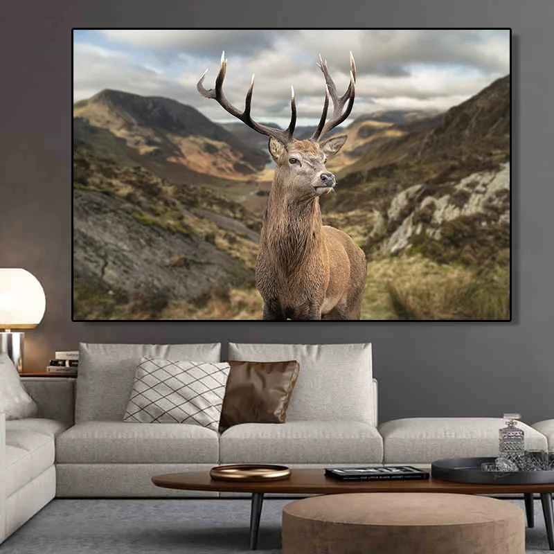 Deer In Mountain Landscape Canvas Painting Red Stag Mountain Pass Posters Print Modern Wall Picture for Living Room Decoration