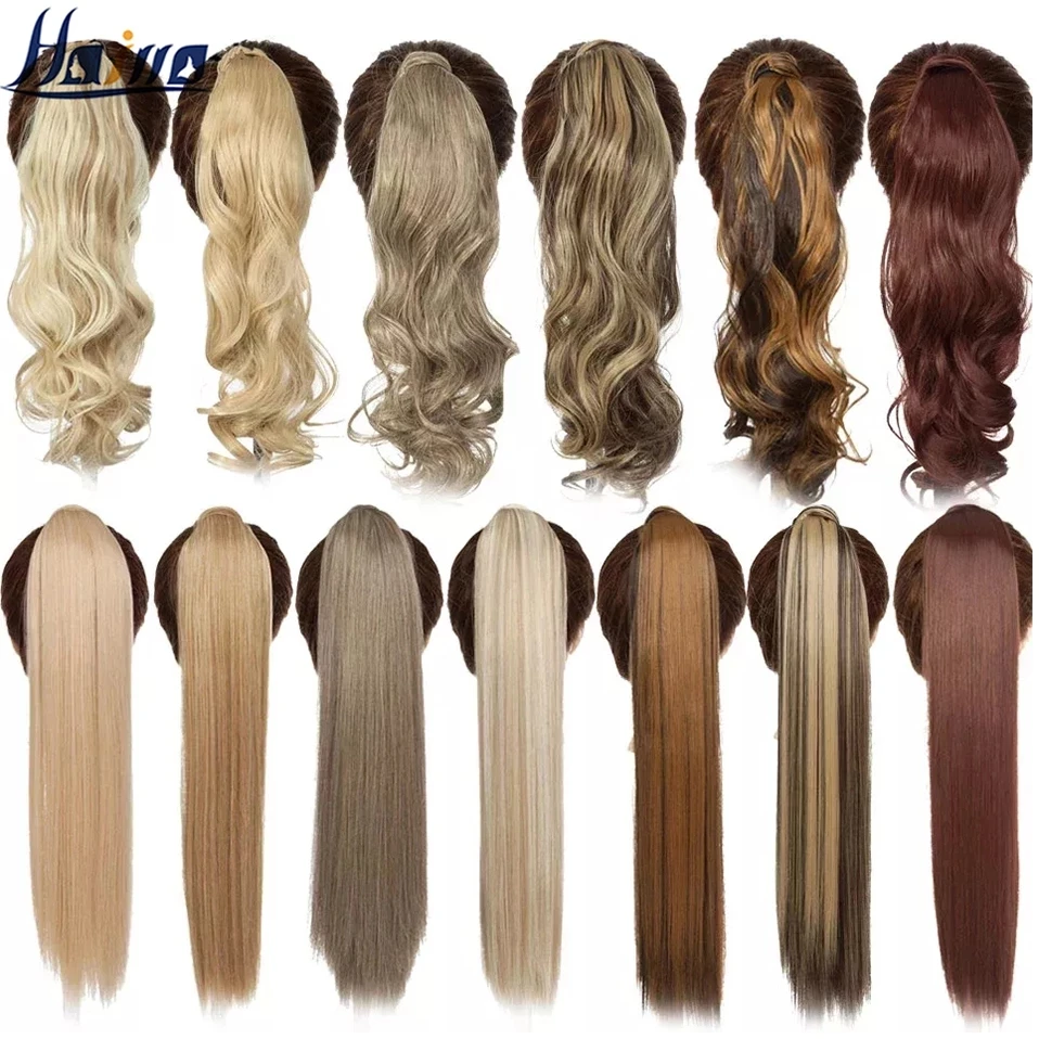 HAIRRO 17\'\'23\'\' Long Straight Ponytail Wrap Around Ponytail Clip in Hair Extensions Natural Hairpiece Headwear Synthetic Hair