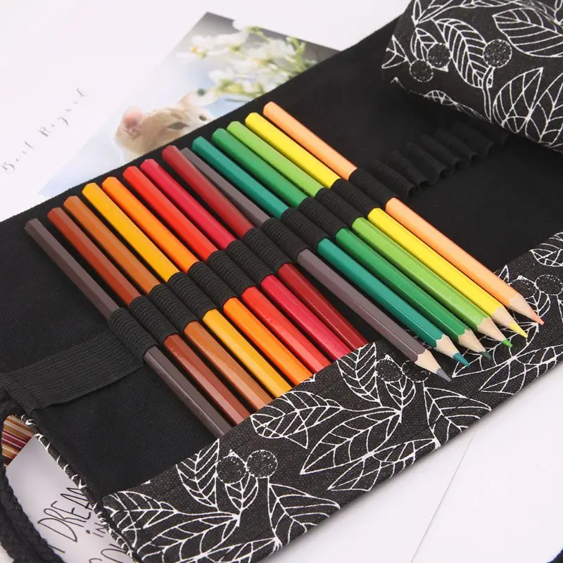 Beautiful Leaf School Pencil Case Roller 12/24/36/48/72 Holes Canvas Roll Up Makeup Canvas Pen Bag For Girls Boys Stationery