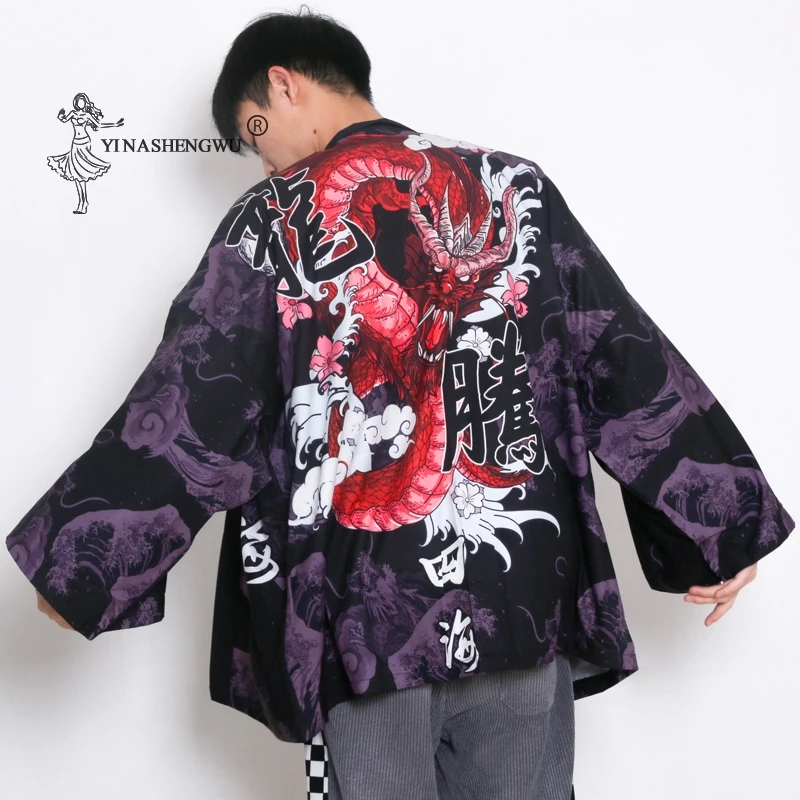 Dragon Yukata Mens New Fashion Style Cardigan Sun Protective Loose Blouse Haori Asian Clothes Harajuku Japanese Cosplay Kimono