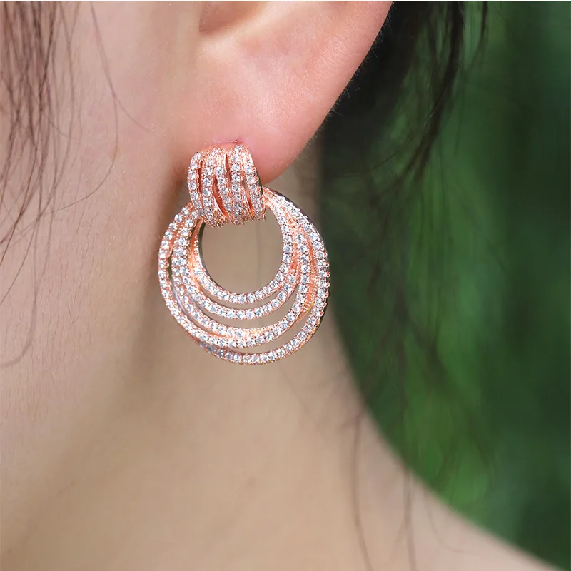 Irregular Luxury Multilayer Circles Trendy Sparkling Zircon Earrings Crystal Dangle Earring Wedding Jewelry