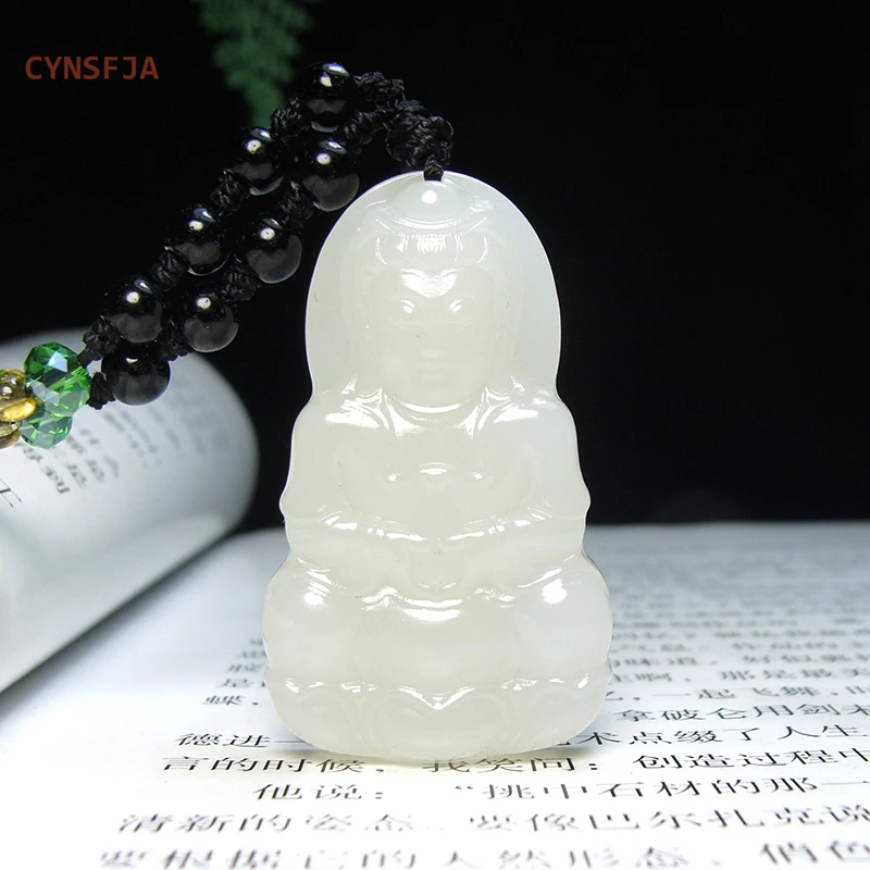 CYNSFJA nuevo Real raro certificado Natural Hetian visón-grasa nefrita amuletos de la suerte colgante de Jade Guanyin tallado a mano de alta calidad