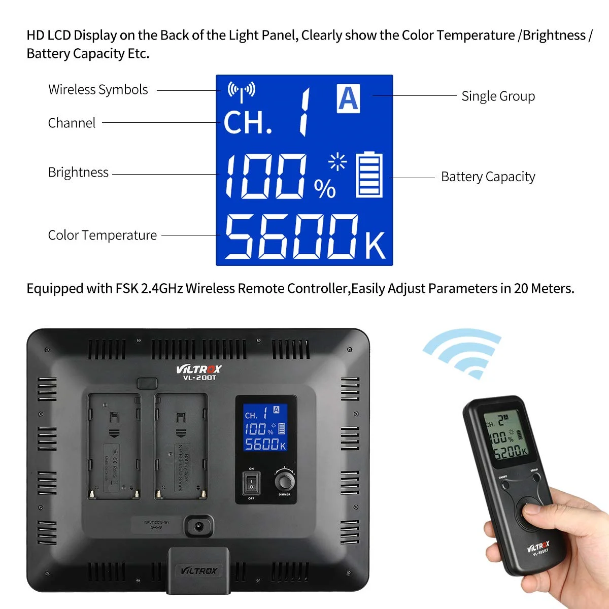 Viltrox VL-200T 2.4G 30 واط رقيقة جدا ثنائية اللون 192 LED LCD الفيديو ملء لوحة ضوء مع وحدة تحكم عن بعد لاستوديو الصور