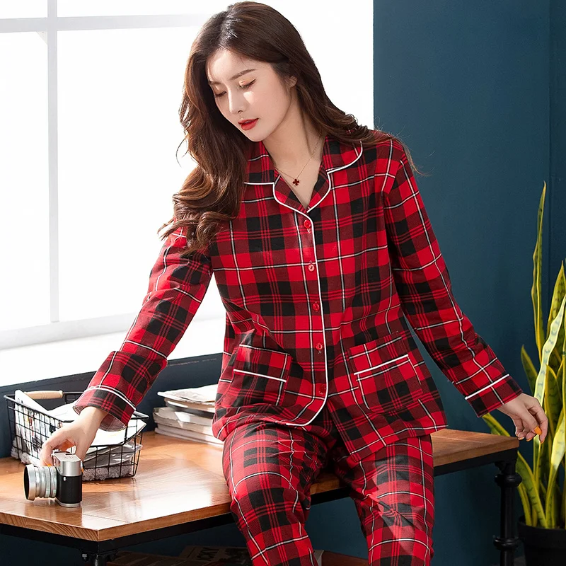 

Women Plaid Nightwear Suit Autumn Festive Red Long Sleeve Princess Pajamas Casual Cardigan Homewear Big Yards M-3XL Pijama Mujer