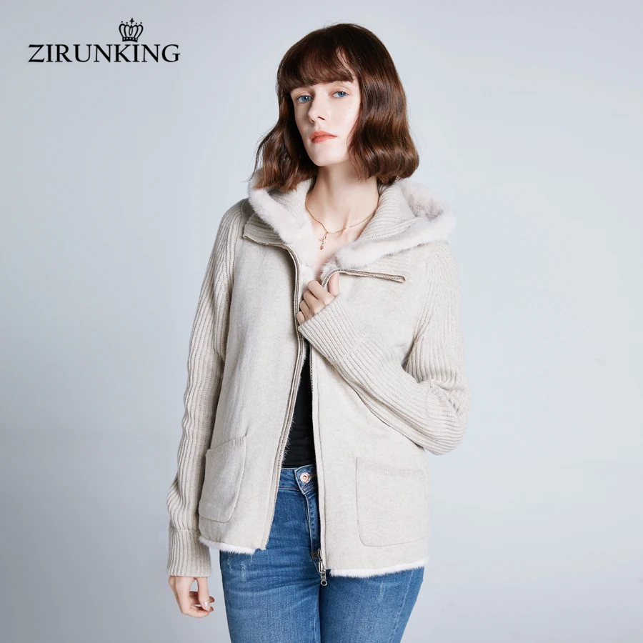 ZIRUNKING Women 2020 New Reversible Real Mink Fur Coat Lady Hooded Fashion Woolen  Female High Street Jacket Outerwear ZC1930