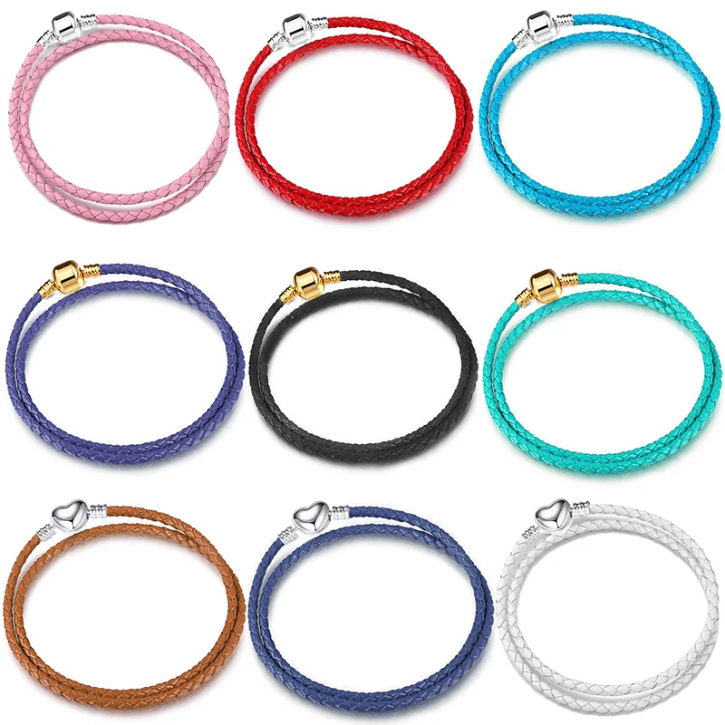 Ladies Silver Color Heart Closure Snake Chain Bracelet Fit Original Leather Chain Charm Beads Bracelets For Women Men Jewelry