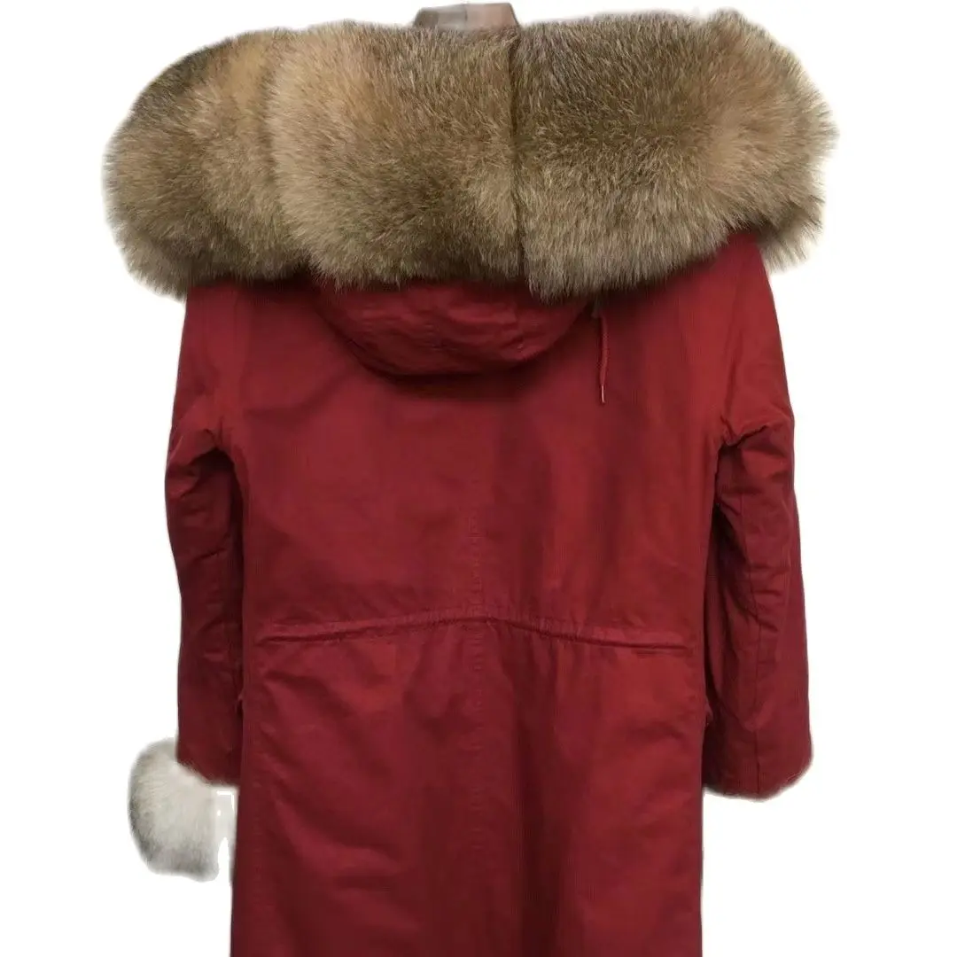 Vintage Red Parka With Natural Color Fur Lining  Long Coat Women Fox Fur Overcoat Winter