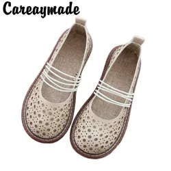 Careaymade-RETRO women's single shoes hollow breathable round head thick sole women's sandals hemp sole comfortable women's shoe