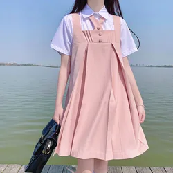 Women Long Pleated Pinafore Dress Summer Pink Japanese Students Girl JK Dress School Lady Autumn Sleeveless Uniform