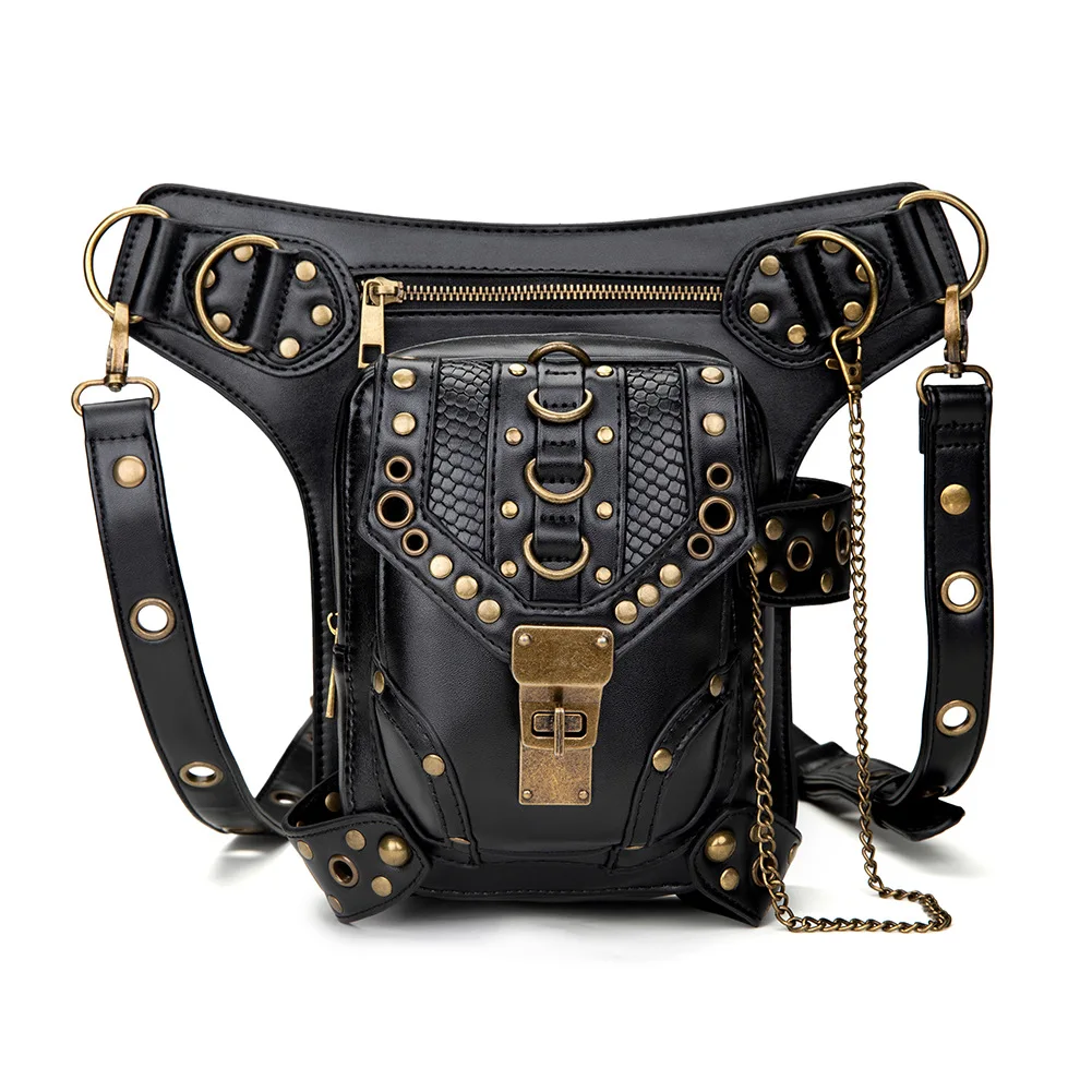 Lady Pockets Retro Messenger Bag Punk Vintage Steampunk Crossbody Women Shoulder Waistbag Men Hombre Skull Rivet Travel Leg Bags