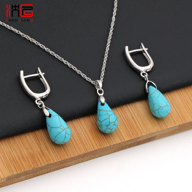 SHENJIANG New Rose Gold Color Water Drop Synthetic Turquoises Dangle Earrings Jewelry Sets For Women Wedding Fashion Necklace