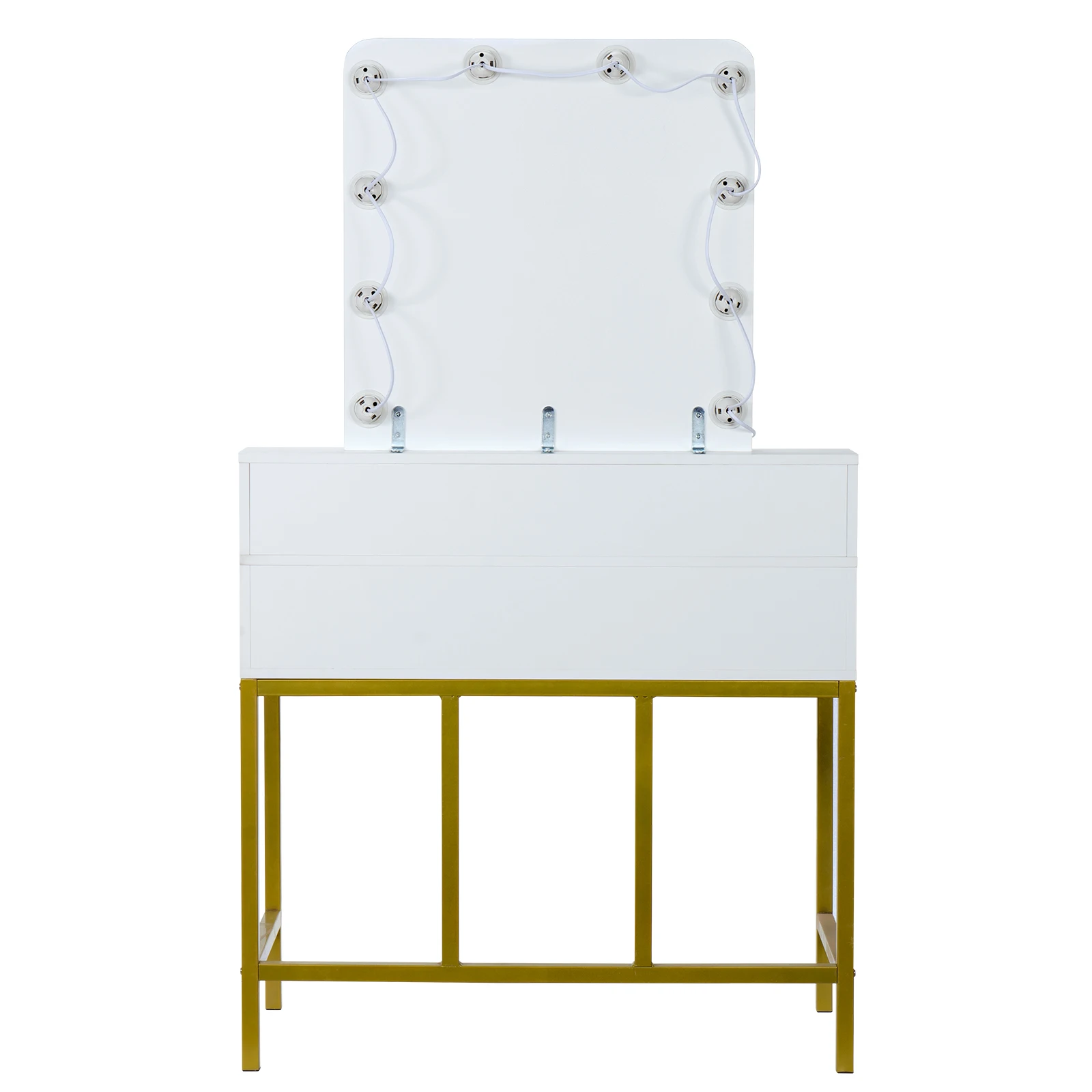 Dresser Dressing Table Single Mirror 4 Drawers Bulb Golden Steel Frame MDF&Solid Wood White 90.5x45x76-151.5CM[US-Stock]