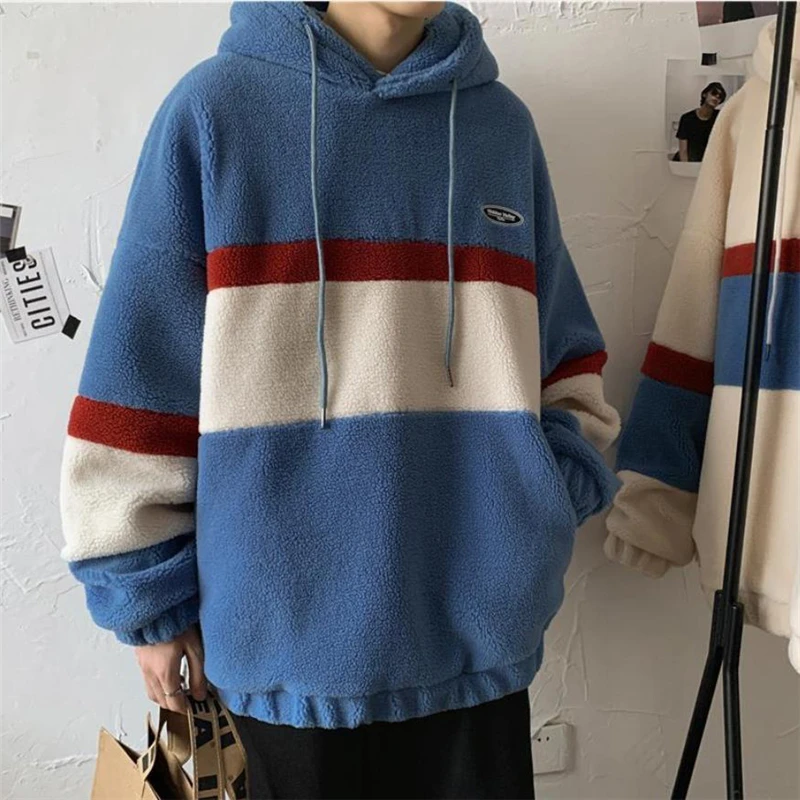 Warm Hooded Sweatshirt Men Autumn Winter Loose Lamb Wool Hoodies Fashion Korean Street Style Color Patchwork Pullover Thick Tops