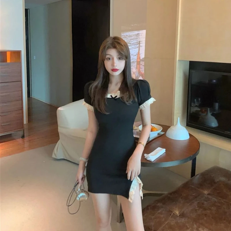 Dresses Women Black Simple Lace Fashion Puff Sleeve Side-slit Summer A-line Slim Lady All-match Casual Sexy Square Collar Retro