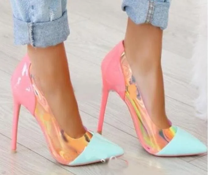 Dipsloot Pink Blue Pointed Toe Clear PVC Pumps Woman Neon Yellow Mixed Color Thin Heels Slip On Patchwork Shallow Wedding Shoes