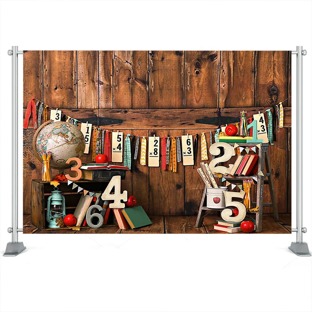신학기 파티 사진 배경, 아이 초상화 배경, 우드 보드 벽 글로브 장식 소품, 어린이 포토스튜디오