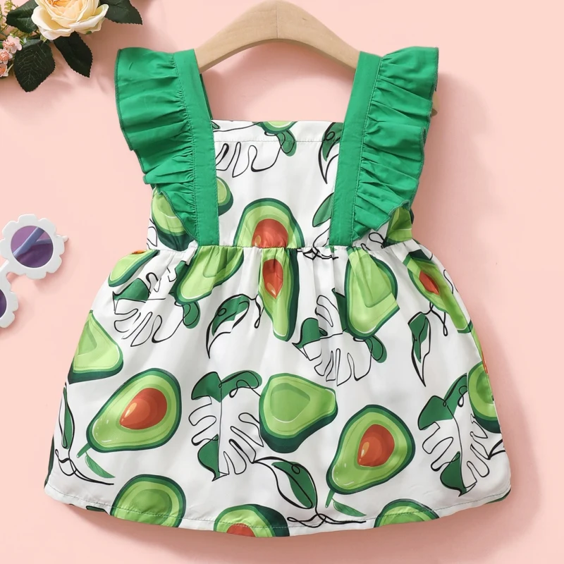 Baby Girls Summer Dress Children\'s Party Dresses Clothing Kids Cute Avocado Printed Sleeveless Tops Bow Dress For Girls C