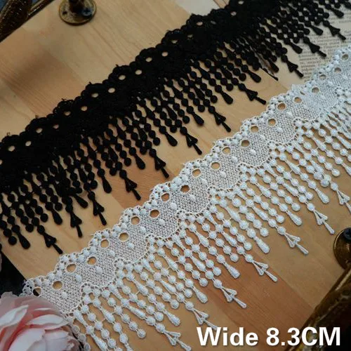 8.3CM Wide Exquisite White Black Cotton Embroidery Ribbon 3d Guipure Lace Appliques Fringe Trim DIY Curtains Sewing Tassel Decor