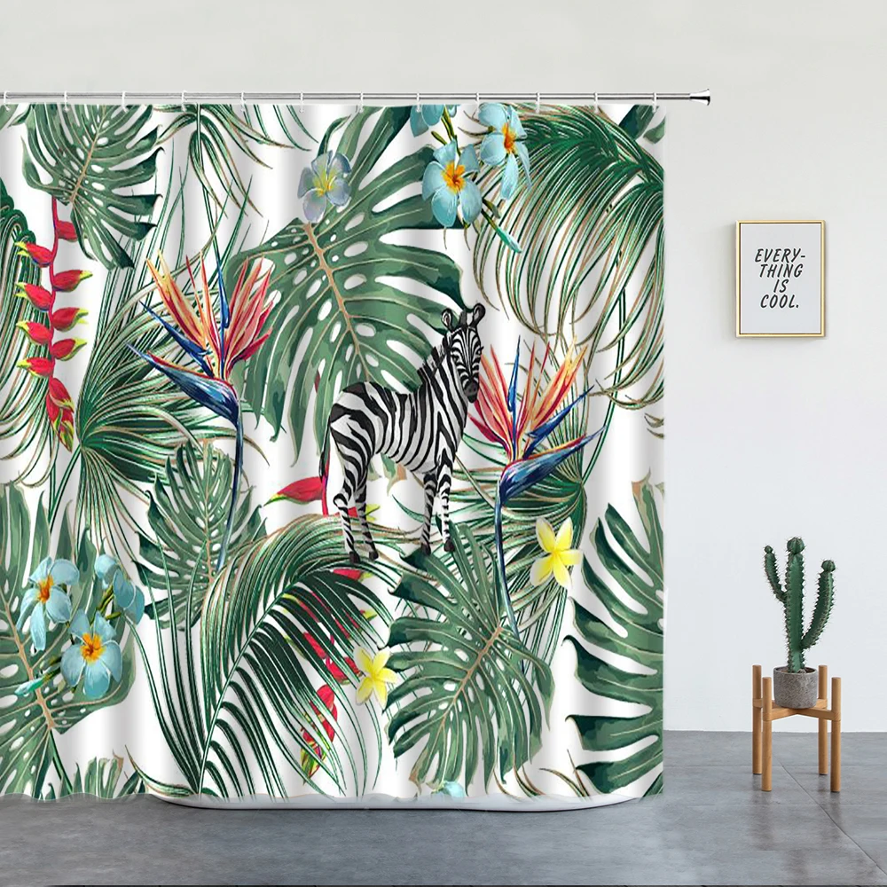 Tropical Plants Green Leaf Zebra Print Shower Curtains Non-slip Rug ​Bathroom Screen Room Decoration Bath Mats Entrance Door Mat