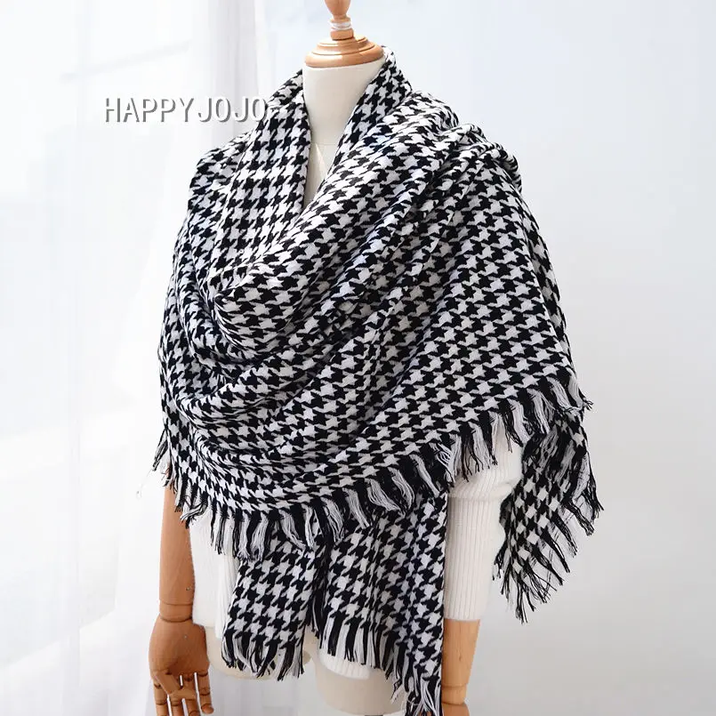 Wool shawl women luxury classic black white houndstooth long scarf cape soft chic fashion casual warm pashmina scarves for lady