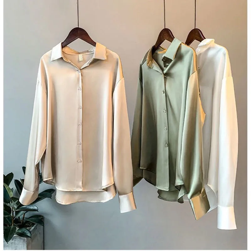 High Quality Elegant Imitation Silk Blouse Spring Women Fashion Long Sleeves Satin Blouse Vintage Femme Stand Street Shirts