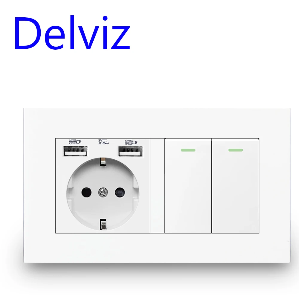 Delviz Standard ue gniazdo z przełącznikiem, 16A włącznik światła, 2 Gang 1 Way / 2 Way, biały podwójny Panel ramka, do montażu naściennego gniazdo zasilania USB