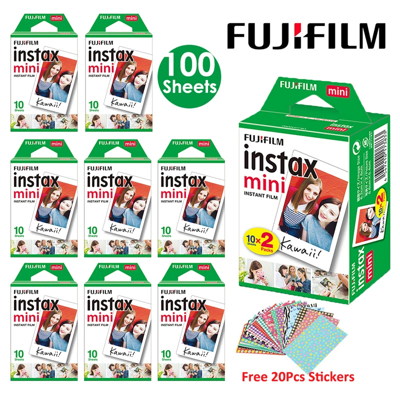 Fujifilm-película blanca para cámara de fotos instantánea FUJI Instax Mini, 10, 20, 40, 60, 80, 100 hojas, 12/11 + pegatinas gratis (caducidad-2024)
