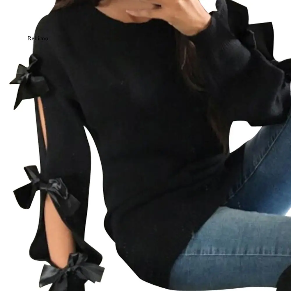 Sweater Women Casual Solid Bow Tie Pullover Loose Sweater Jumper Tops Knitwear Pull Pullover